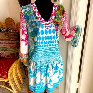 Faith Multi Print Long Top! 3/4 Sleeves. Like New! Beads! Gorgeous! Turquoise Md